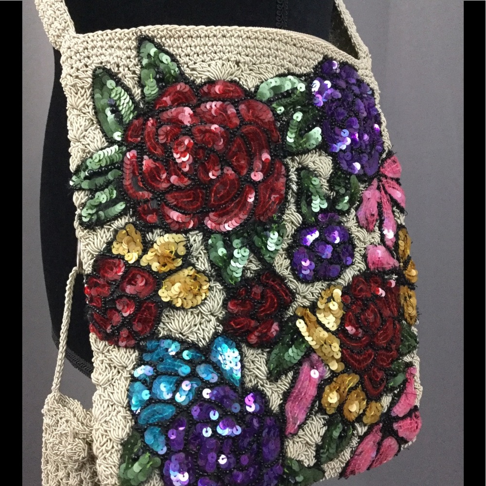 Sequined floral woven crossbody purse